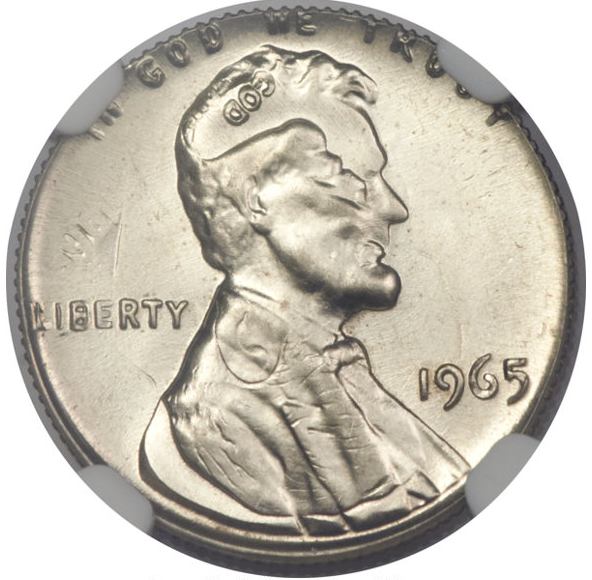 1965 1C Lincoln Cent -- Struck on a 1965 Dime -- MS65 NGC