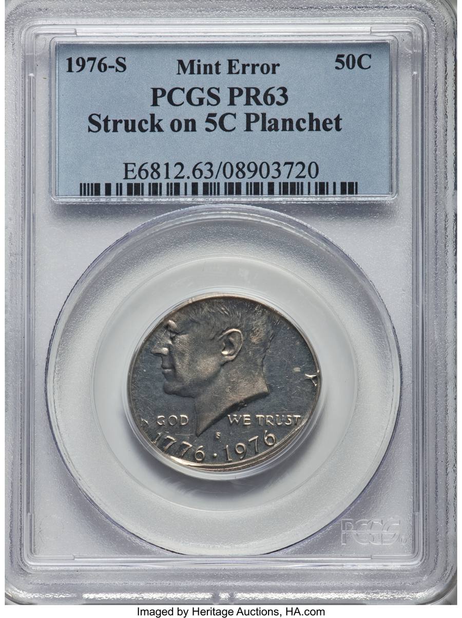1976-S 50C Bicentennial Half Dollar -- Struck on a Five Cent Planchet -- PR63 Sold on Jan 6, 2017 for $4,465.00