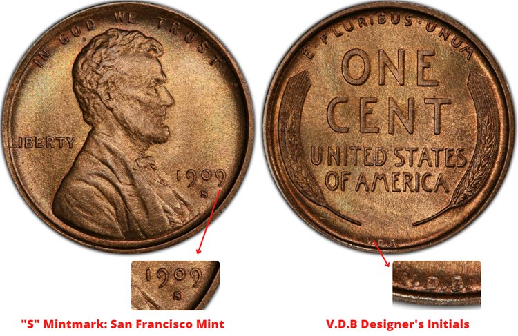 The VDB penny from the San Francisco mint featuring the designer's initials