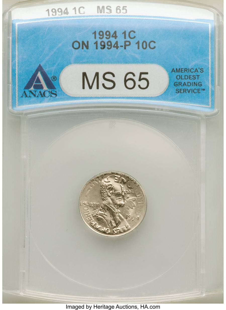 1994 1C Lincoln Cent -- Struck on 1994-P 10C -- MS65 Sold on Mar 10, 2021 for $1,140.00