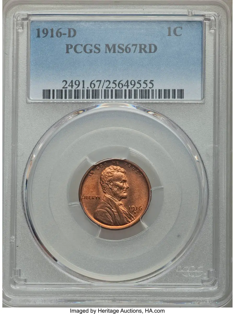 1916-D Lincoln Cent, MS67 Red Sold on Feb 4, 2016 for $58,750.00