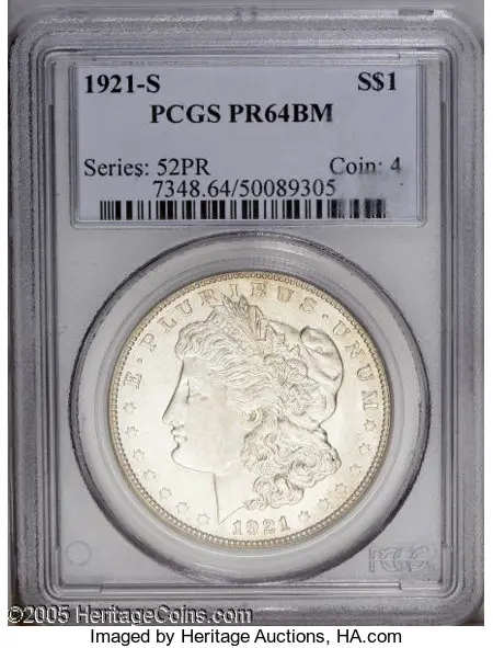 1921-S Near-Gem Branch Mint Proof Morgan Dollar PR64 Sold on Jan 5, 2006 for $92,000