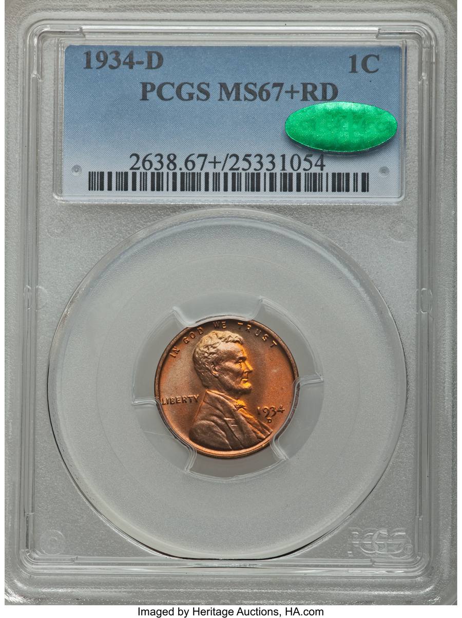 1934-D Lincoln Cent, MS67+ Red Sold on Apr 23, 2014 for $11,162.50