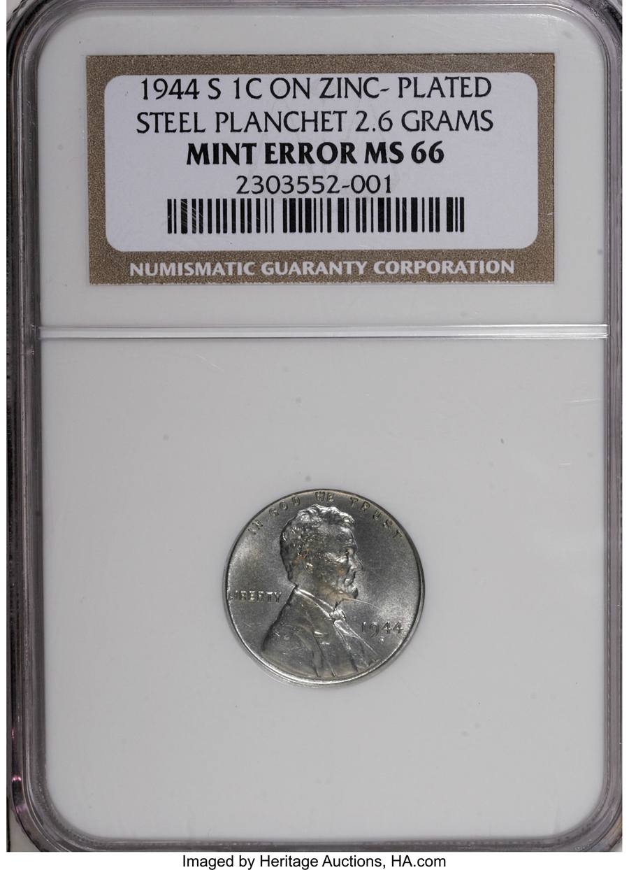 1944-S 1C --On a Zinc-Plated Steel Planchet--MS66 Sold on Jul 31, 2008 for $373,750.00