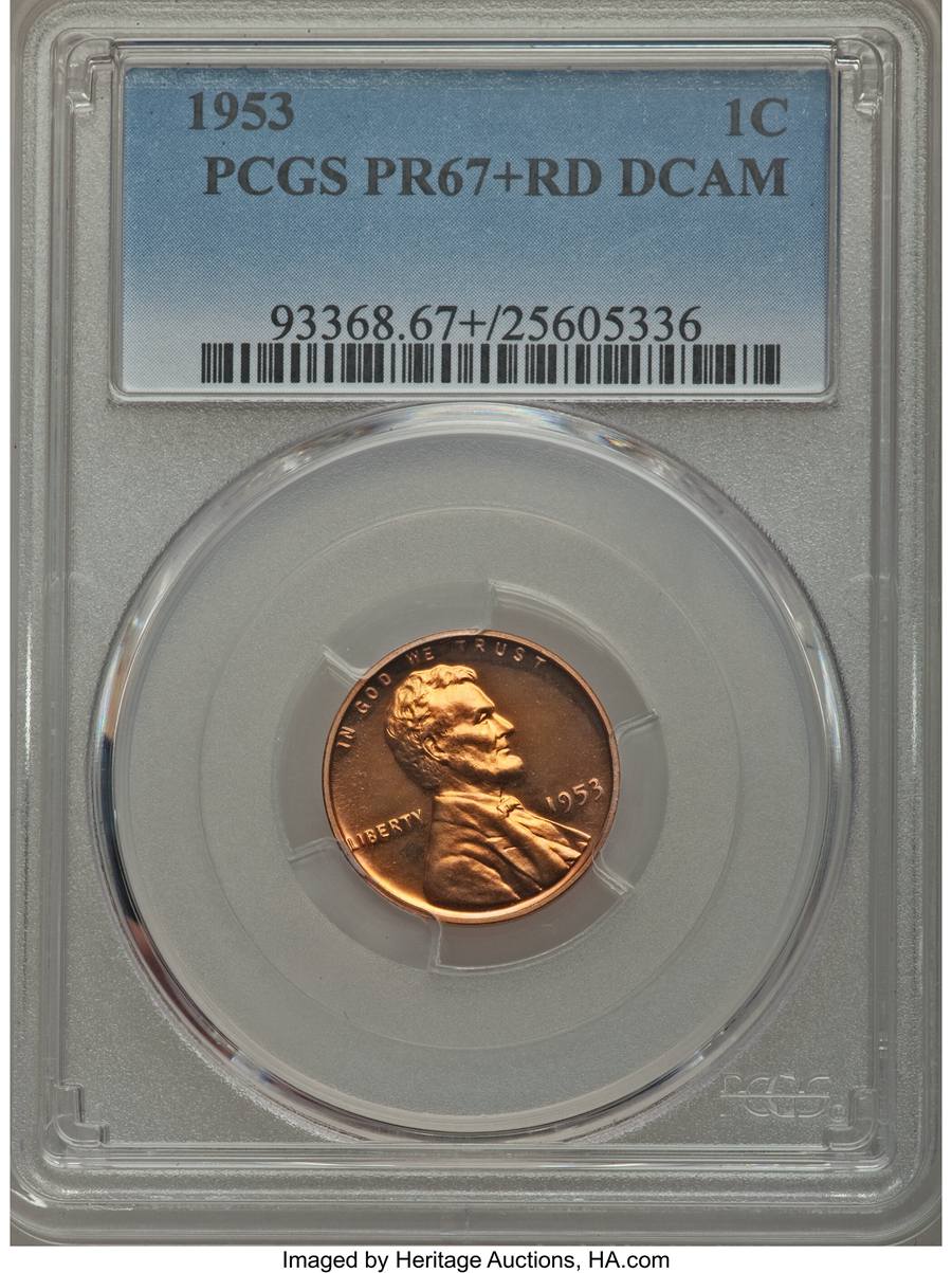 1953 Lincoln Cent, PR67+ Red Deep Cameo Sold on Jun 9, 2016 for $9,400.00