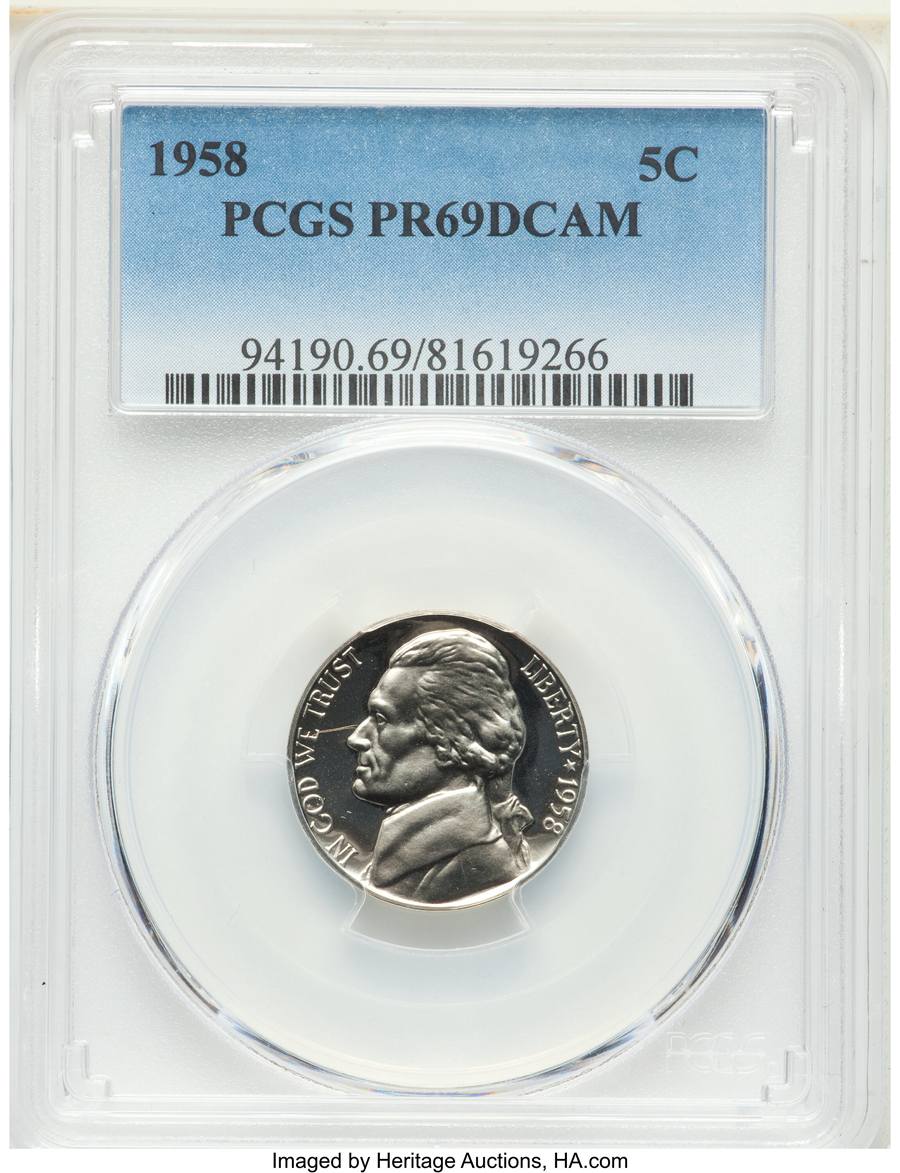 1958 Nickel, PR69 Deep Cameo Sold on Jun 6, 2022 for $7,200.00