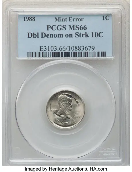 1988 1C Lincoln Cent -- Double Denomination on a Struck Dime -- MS66 Sold on Aug 28, 2022 for $1,080.00