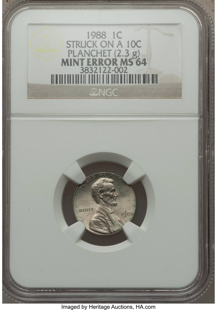 1988 1C Lincoln Cent -- Struck on a 10C Planchet -- MS64 Sold on Jan 12, 2015 for $387.75