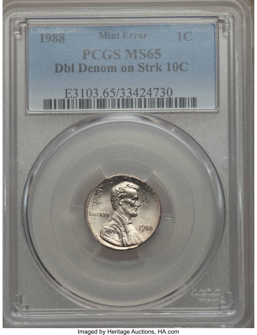 1988 1C Lincoln Cent -- Struck on a Clad Dime Planchet -- MS65 Sold on Aug 6, 2017 for $470.00