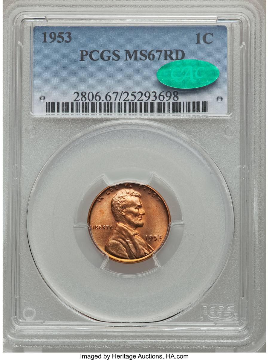 5. 1953 Lincoln Cent, MS67 Red Sold on Aug 5, 2014 for $8,812.50