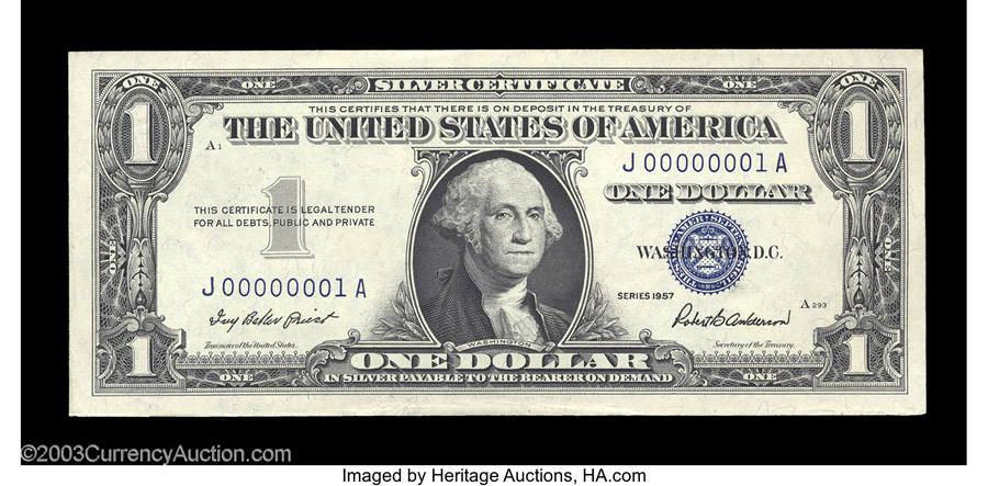 Fr. 1619 $1 1957 Silver Certificate. Gem Crisp Uncirculated.Sold on Jan 9, 2004 for $6,037.50