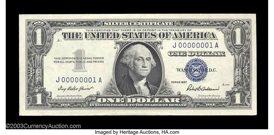 Fr. 1619 $1 1957 Silver Certificate. Gem Crisp Uncirculated.Sold on Jan 9, 2004 for $6,037.50