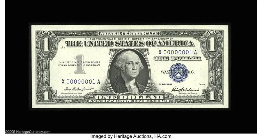 Fr. 1619 $1 1957 Silver Certificate. Gem Crisp Uncirculated.Sold on Sep 23, 2005 for $8,050.00