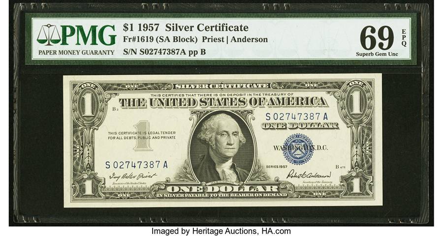 Fr. 1619 $1 1957 Silver Certificate. PMG Superb Gem Uncirculated 69 EPQ. Sold on Nov 26, 2019 for $3,600.00