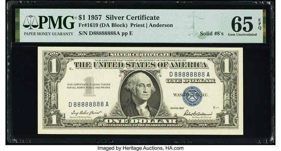 Solid Serial Number 88888888 Fr. 1619 $1 1957 Silver Certificate. PMG Gem Uncirculated 65 EPQ. Sold on Jan 14, 2022 for $8,700.00